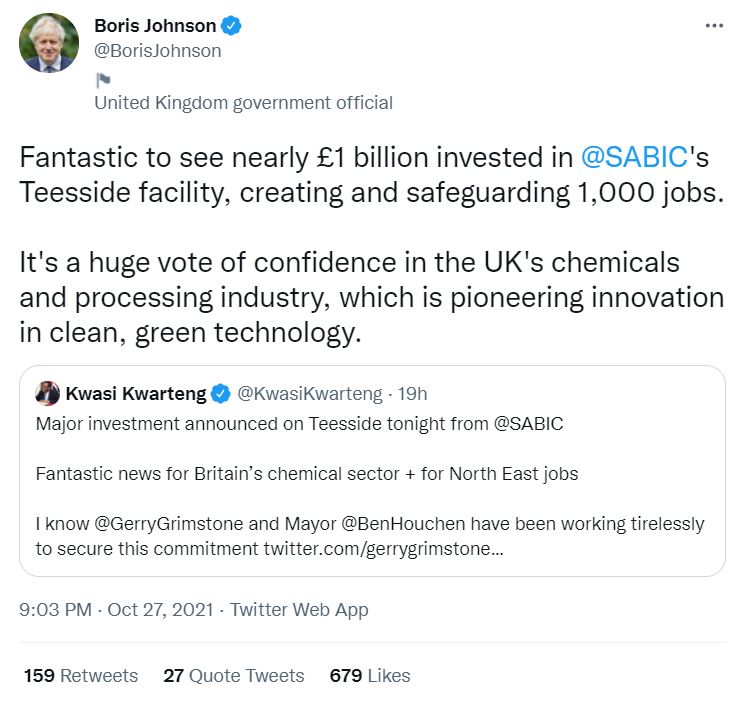 Boris Johnson, Sabic, Investment