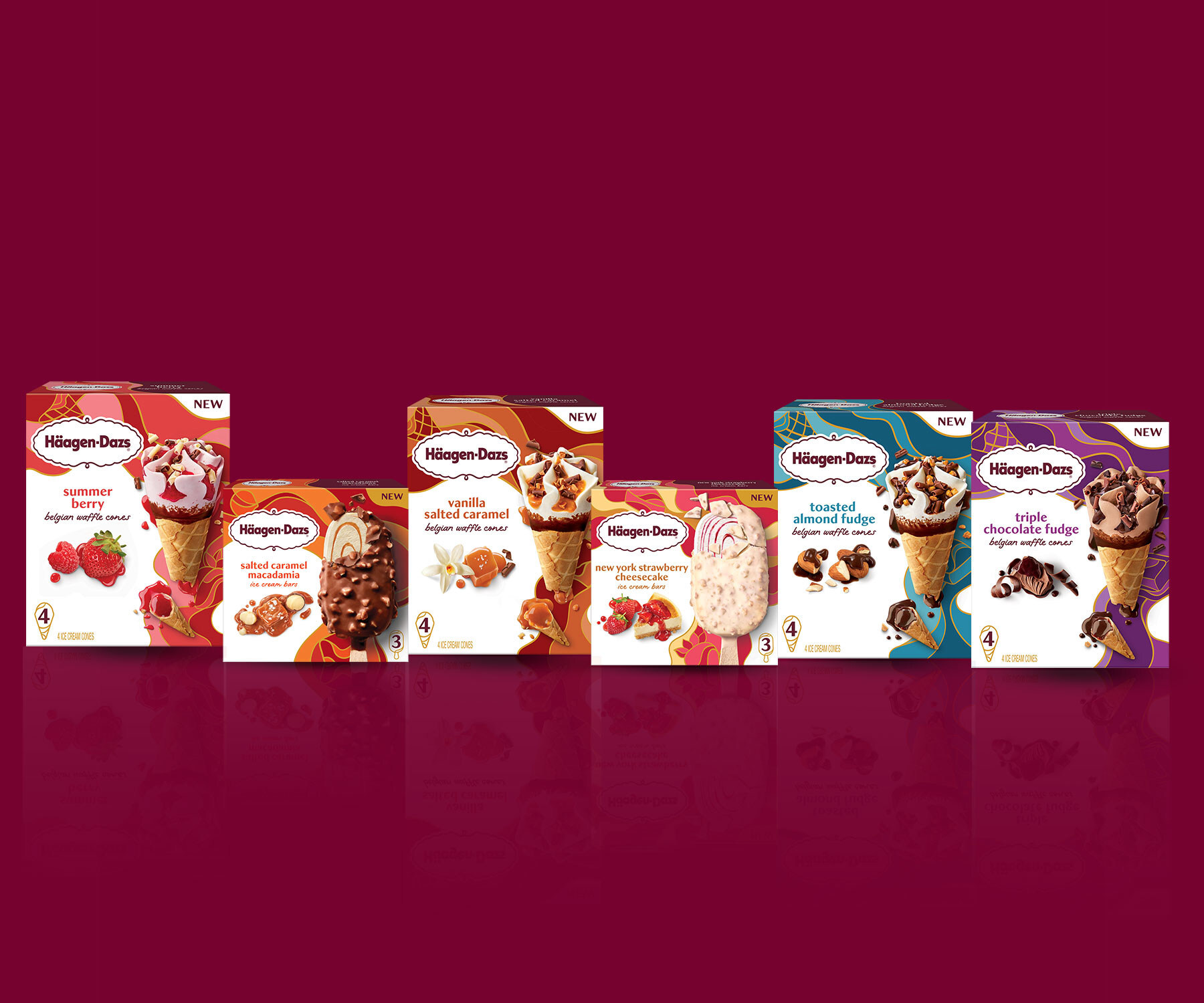 Häagen-Dazs® introduces four flavors of its Belgian Waffle Cones, an all-new product line, along with two new flavors of its beloved ice cream bars just in time for the Big Game. Image source: Häagen-Dazs®