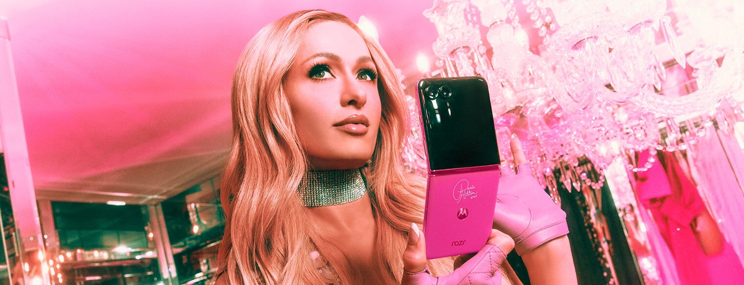 The timeless elegance of the motorola razr+ and the glamorous flair of Paris Hilton come through in iconic collaboration. Image source: (PRNewsfoto/Motorola Mobility, Inc)
