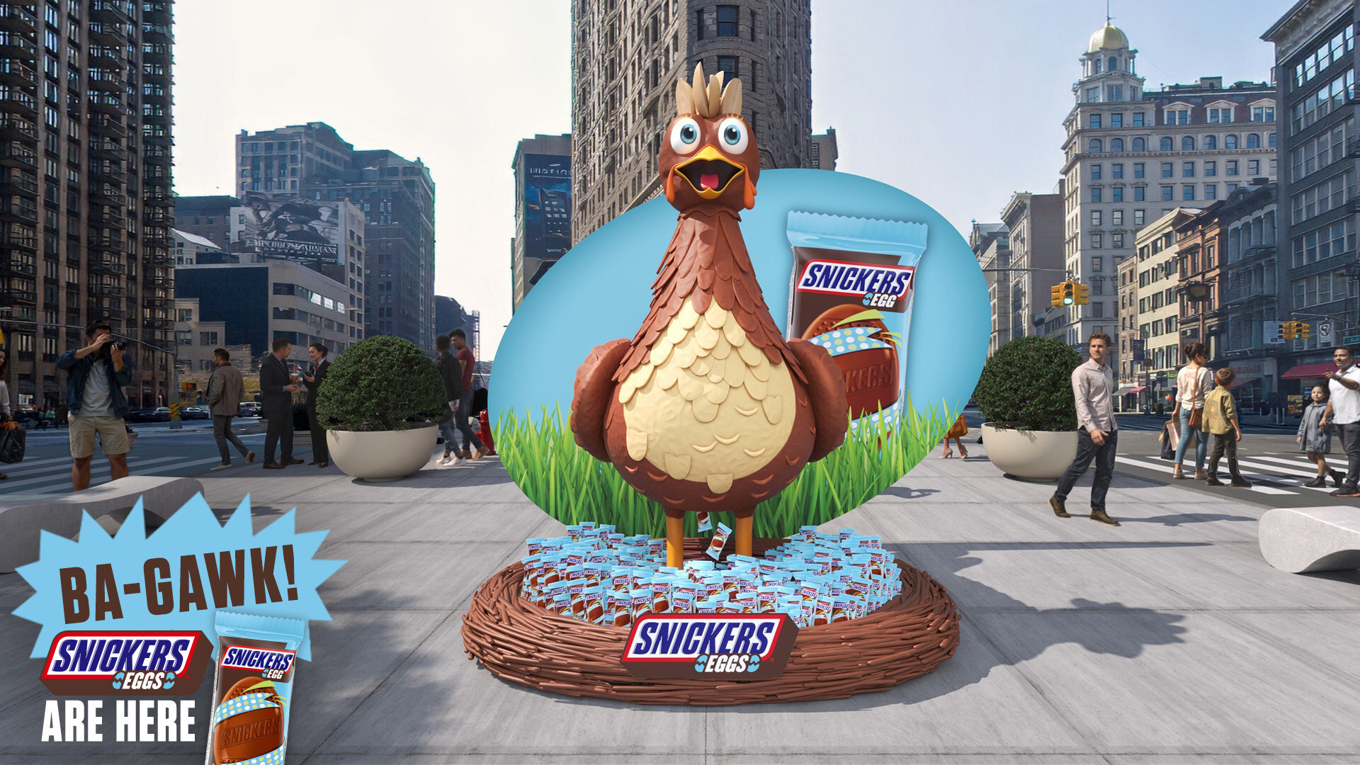 SNICKERS is unveiling just where SNICKERS Eggs come from with a 10-foot SNICKERS Chicken coming to roost in NYC’s Flatiron Plaza on March 28. Image source: SNICKERS
